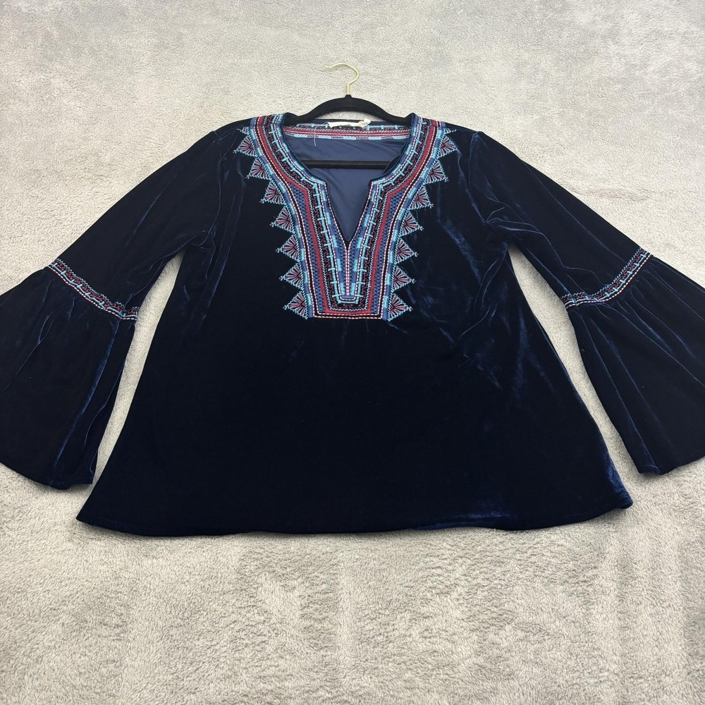 Solitaire Velvet Flare Sleeve Embroidered Tunic Top Women M Navy Blue Whimsigoth